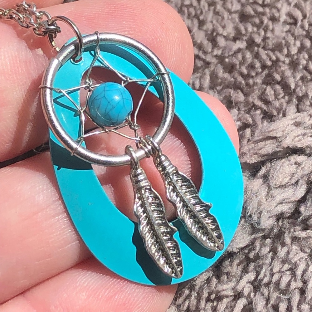 Dreamcatcher dangle feather simulated turquoise pendant on chain necklace